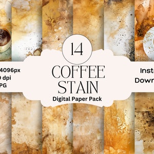 Set di carta digitale con macchie di caffè Scarica la carta per diario spazzatura Stampabile Ephemera di caffè Pacchetto di scrapbooking digitale Carta da caffè Oro antico