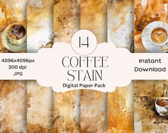 Pode incluir: Um pacote de papel digital com 14 padrões de manchas de café. O pacote inclui imagens de 4096x4096 pixels a 300 dpi. As imagens estão em formato JPG. O pacote está disponível para download instantâneo.