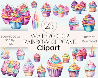 Rainbow Cupcake Clipart: Pastel Birthday Graphics (PNG Instant Download)