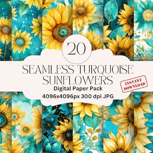 Watercolor Turquoise Sunflowers Digital Paper Set Spring Flowers Junk Journal Paper Printable Spring Sunflower Scrapbook Paper