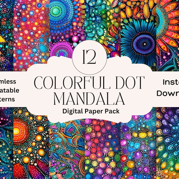 Colorful Dot Mandala Digital Paper Set Junk Journal Paper Printable Digital Paper Scrapbooking Pack Mandala Seamless Repeatable Patterns