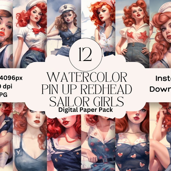 Navy Sailor Red Hair Pin Up Girls Digital Paper Set Navy Women Scrapbook Paper Retro Printable Pin Up Graphic Digital Pin Up Scrapbook Paper