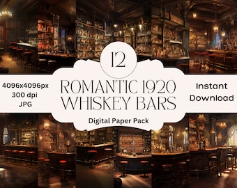 1920s Whiskey Bar Digital Paper Set Antique Hotel Printable (Digital Download) Gatsby Papers