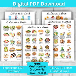 Ideas de comidas para diabéticos Tabla de alimentos para diabéticos Hoja de dieta para diabéticos Plan de comidas para diabéticos Lista de compras Lista de alimentos para diabéticos Planificador de comidas imprimible