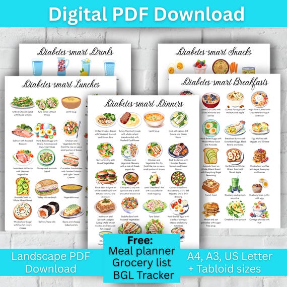 Diabetes Meal Ideas Diabetic Food Chart Diabetic Diet Sheet Diabetic Meal Plan Grocery List Diabetic Food List Meal Planner Printable