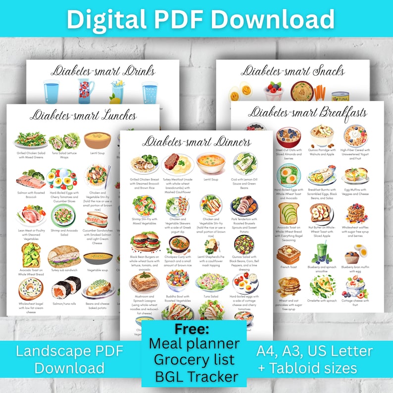 May include: A digital printable PDF download for a diabetes-friendly meal planner. The colorful watercolor illustrations show various meal ideas for breakfast, lunch, dinner, snacks, and drinks. The text includes "Diabetes-smart" and lists different meal options. The PDF is available in landscape format and in multiple sizes, including A4, A3, US Letter, and Tabloid.