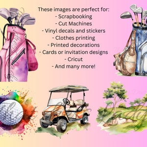 May include: Watercolor illustrations of golf-themed images, including a golf bag with clubs, a golf cart, a golf ball, and a golf course. The images are perfect for scrapbooking, vinyl decals, and other crafts.