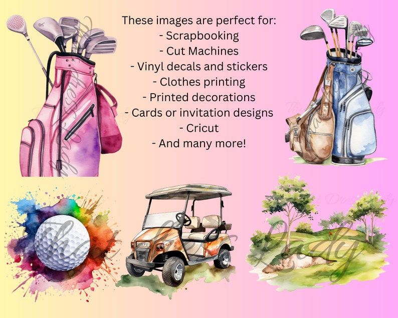 May include: Watercolor illustrations of golf-themed images, including a golf bag with clubs, a golf cart, a golf ball, and a golf course. The images are perfect for scrapbooking, vinyl decals, and other crafts.