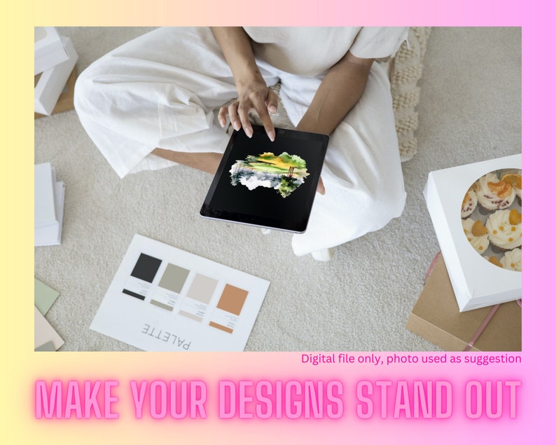 May include: A person is using a tablet to view a design on a screen. The tablet is on a white surface with a color palette and the text "PALETTE" written on it. The design on the screen is a watercolor painting of a landscape.