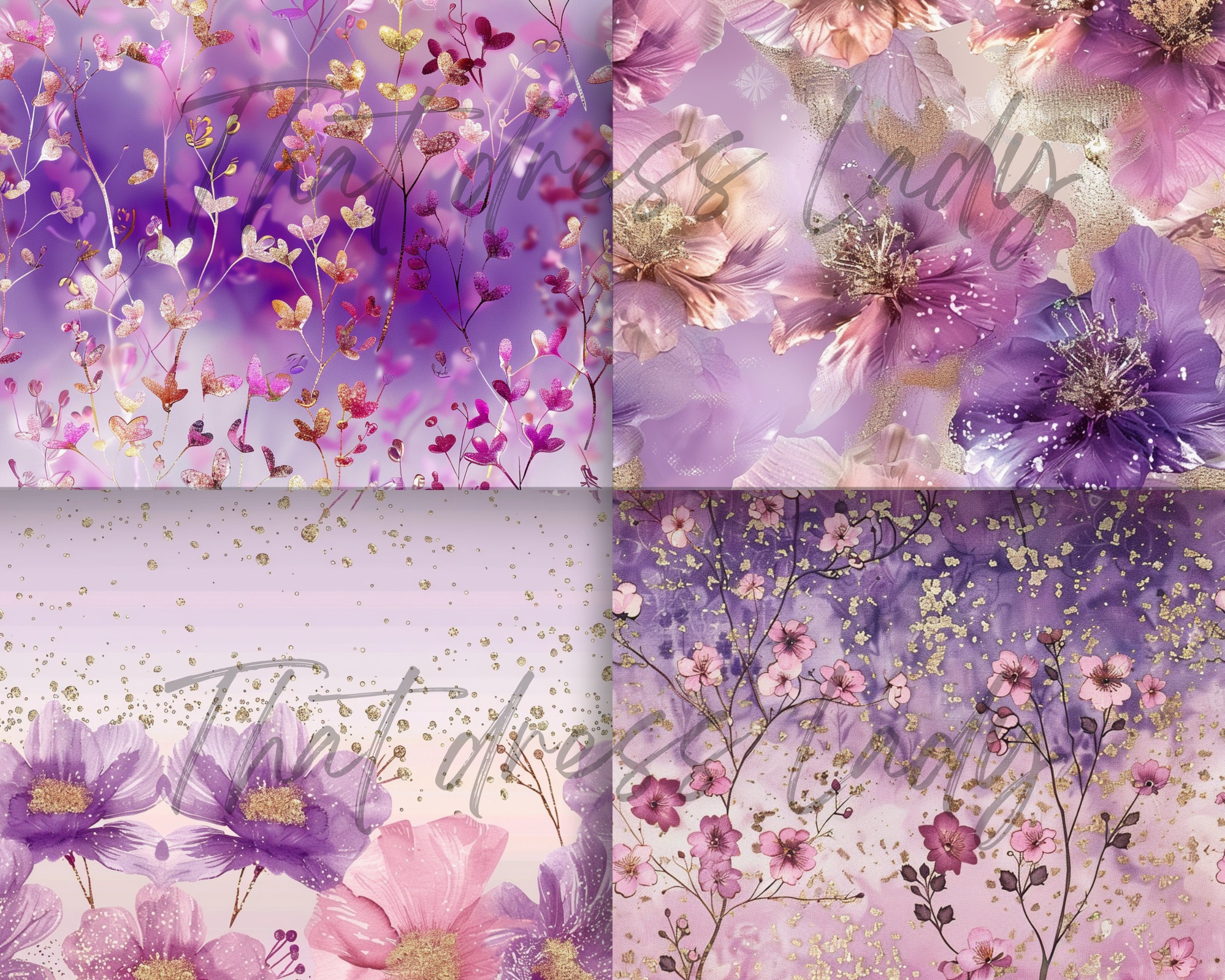 Seamless Purple Gold Floral Digital Paper Set Spring Flowers Junk ...