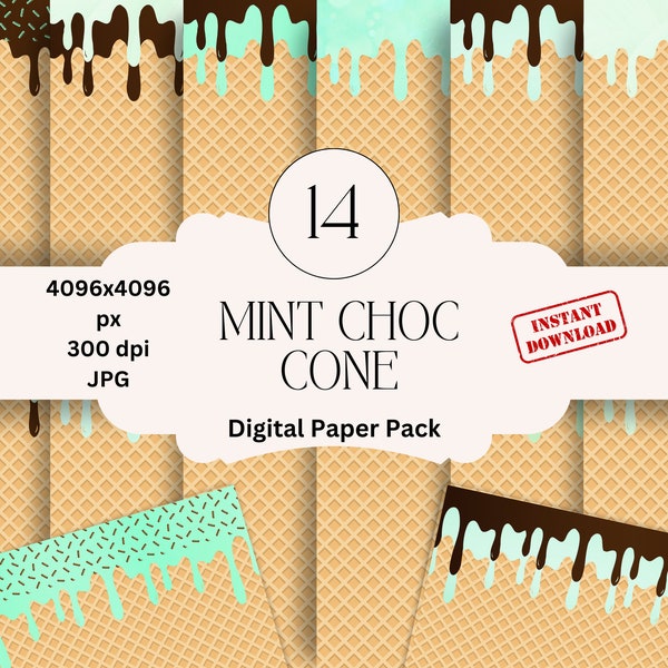 Mint Chocolate Waffle Cone Digital Paper Set Dripping Chocolate Printable Paper Digital Ice Cream Cone Scrapbooking Papers Dripping Graphics