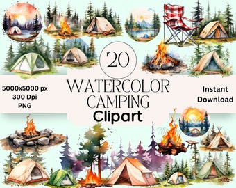 Watercolor Camping Clipart Graphics Bundle PNG Instant Download Scrapbooking Junk Journal Clipart Campsite Scrapbook Firepit Clipart Tent