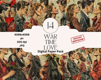 War Time Love Digital Paper Set Junk Journal Paper Printable Art Graphic Digital Scrapbook Soldier Paper Army Retro Papers 1940s Couple