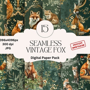 Nahtloser Vintage Fuchs Digitales Papier Set Fuchs Scrapbook Papier Printable Scrapbooking Antike Papiere Pack Grafiken Smaragdgrün Fuchs Papier