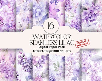 Watercolor Lilac Digital Paper Set Spring Flowers Seamless Lilac Paper Purple Floral Printable Spring Lilac Scrapbook Paper Pastel Floral