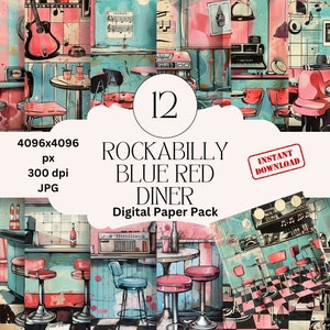 Rockabilly Blau Rot Diner Digitales Papier Set Junk Journal Papier Retro Diner druckbare Grafik digitales Scrapbooking 1950er Jahre Roadhouse Papers