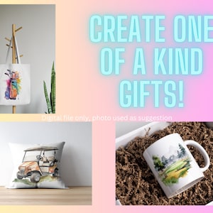 May include: Three different gift ideas featuring watercolor illustrations of golf-themed designs. A white tote bag with a golf bag and clubs, a white pillow with a golf cart, and a white mug with a golf course.