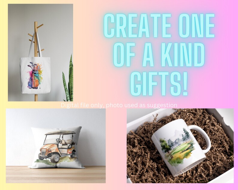May include: Three different gift ideas featuring watercolor illustrations of golf-themed designs. A white tote bag with a golf bag and clubs, a white pillow with a golf cart, and a white mug with a golf course.