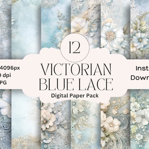 Victorian Blue Floral Lace Digital Paper: Junk Journal Pack (Digital Download)