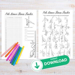 Op de afbeelding: Een printbare pole dance fitness tracker met een kalender en een rooster om de voortgang bij te houden. De tracker bevat een kleurcode-sectie en een reeks van 31 pole dance poses om in te kleuren.