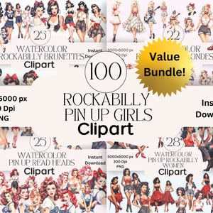 Rockabilly Pin Up Girls Clipart Bundle: Retro Scrapbook Graphics (PNG Instant Download)