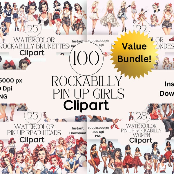 Rockabilly Pin Up Clipart Graphics Bundle PNG Instant Download Scrapbooking Pin Up Junk Journal Clipart Retro Scrapbook Rockabilly Clipart