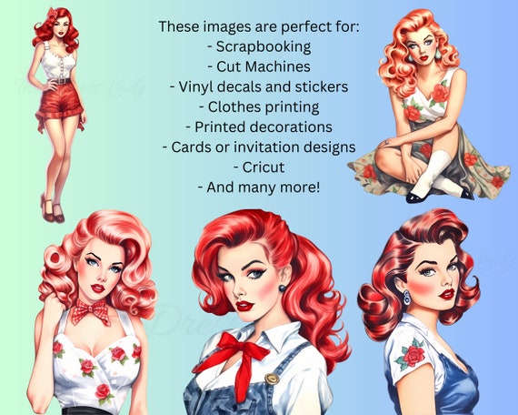 Rockabilly Red Head Pin up Clipart Graphics Bundle PNG