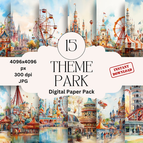 Theme Park Digital Paper Set Junk Journal Paper Roller-coaster Printable Ferris Wheel Graphic Digital Scrapbook Paper Carnival Rides Paper