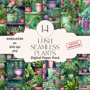 Conjunto de papel digital de plantas exuberantes Papel para diario basura Papel sin costuras con plantas en macetas Papeles imprimibles Plantas en macetas Papel para álbum de recortes con plantas en macetas sin costuras