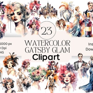 Gatsby Watercolor Clipart Bundle: 1920s Glam Graphics (PNG, Digital Download)