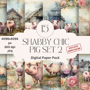 Watercolor Pig Digital Paper: Shabby Chic Cottagecore Scrapbook (Digital Download)
