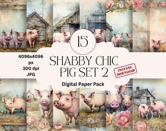 Watercolor Pig Digital Paper: Shabby Chic Cottagecore Scrapbook (Digital Download)