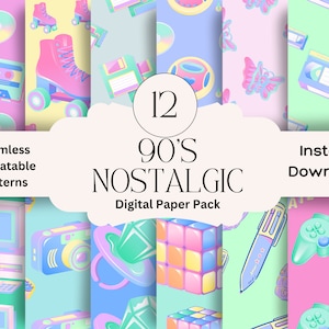 90s Digital Paper Set 90s Scrapbook Paper VHS Tape Printable Digital Papers Roller skates Scrapbooking Pack CD 90s Seamless Pattern Paper
