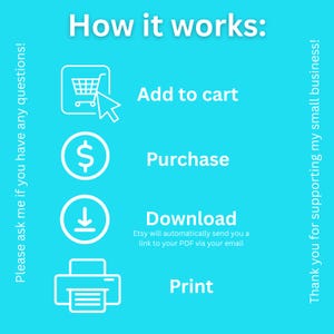 May include: A blue graphic showing how to purchase a digital download. The steps are: add to cart, purchase, download, and print. The graphic includes icons for each step.