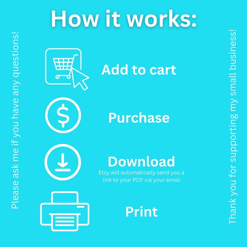May include: A blue graphic showing how to purchase a digital download. The steps are: add to cart, purchase, download, and print. The graphic includes icons for each step.