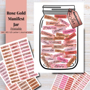 Pode incluir: Frasco de manifestação de ouro rosa imprimível com adesivos que incluem palavras como "Happiness", "Cash Flow", "New Car", "Dream Life", "Self Love" e "Luxury".