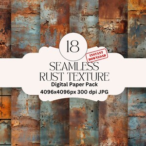 Peut inclure: 18 papiers numériques texturés rouille sans couture. 4096x4096px 300 dpi JPG. Le pack présente une variété de textures de métal rouillé dans des tons de brun, orange, rouge et bleu.
