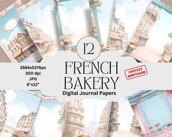 Conjunto de papéis digitais para diário com tema de confeitaria francesa, incluindo papéis para imprimir, scrapbooking e decoração vintage.