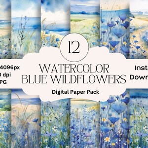 Blaue Aquarell Wildblumen Digital Papier Set, Frühlingsblumen Junk Journal Papier, bedruckbare Frühlingswiese, Strand, Digital Scrapbooking Pack
