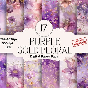 Ensemble de papier numérique floral or violet sans couture, fleurs de printemps, journal indésirable, fleurs de scrapbooking floral numérique printanier, fleurs