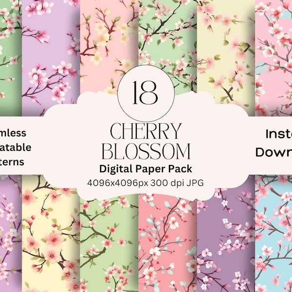 Cherry Blossom Digital Paper Set Junk Journal Paper Afdrukbare digitale papieren bloemen Scrapbooking Pack Naadloze herhaalbare bloempatronen