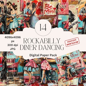 Papel digital con tema de baile de los años 50, papel para diario basura, papel para álbum de recortes digital con gráficos imprimibles, papeles para álbum de recortes de pareja rockabilly, inspirados en los años 50