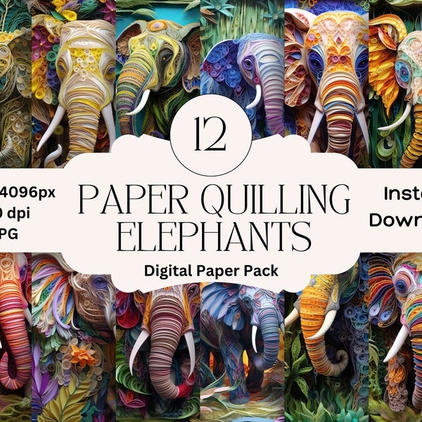 Paper Quilling Elephant Digital Paper Set Junk Journal Paper Jungle Printable Page Graphic Digital Scrapbook Elephant Paper Background