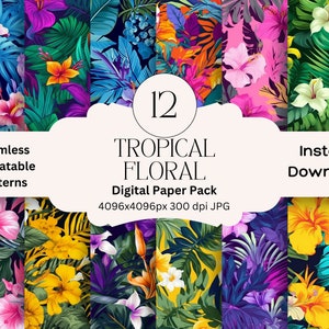 Set di carta digitale floreale tropicale, carta da giornale spazzatura, carta digitale stampabile, fiori, pacchetto scrapbooking, motivi floreali ripetibili senza soluzione di continuità