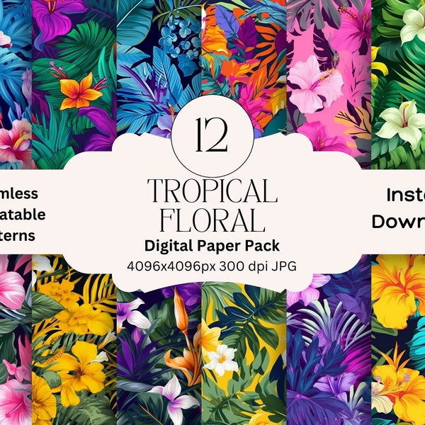 Tropical Floral Digital Paper Set Junk Journal Paper Printable Digital Paper Flowers Scrapbooking Pack Seamless Repeatable Flower Patterns
