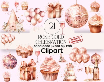 Ensemble de graphismes Clipart célébration en or rose PNG Téléchargement instantané Scrapbooking Champagne Clipart Disco Scrapbooking Party Clipart ballons