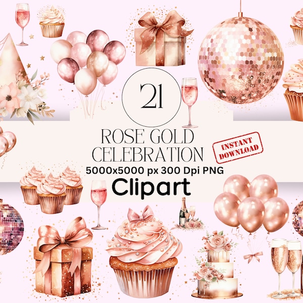 Rose Gold Feier Clipart Grafiken Bundle PNG Sofortiger Download Scrapbooking Champagner Clipart Disco Scrapbook Party Clip Art Ballons