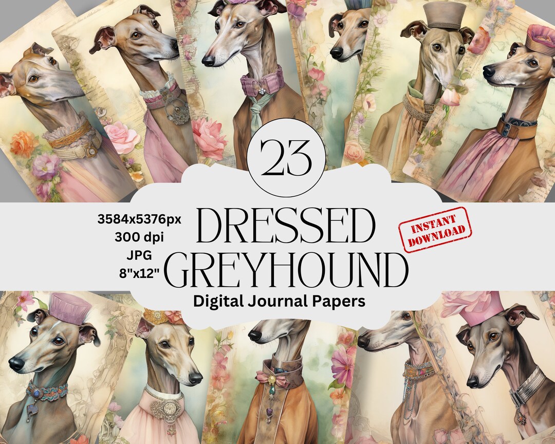Antique Greyhound Digital Journal Paper Set Junk Journal Paper Printable Digital Papers Dog