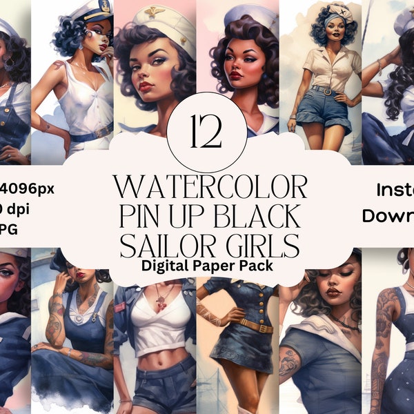 Sailor Pin Up Black Girls Digital Paper Set Junk Journal Paper Retro Printable Navy Pin Up Graphic Digital Scrapbooking 1950s Black Women