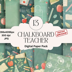 Puede incluir: Un paquete de papel digital con 13 patrones diferentes que presentan un fondo de pizarra con varias ilustraciones de temática escolar, incluyendo manzanas, lápices, libros y una pizarra. El texto "Chalkboard Teacher Digital Paper Pack" se muestra en la imagen.